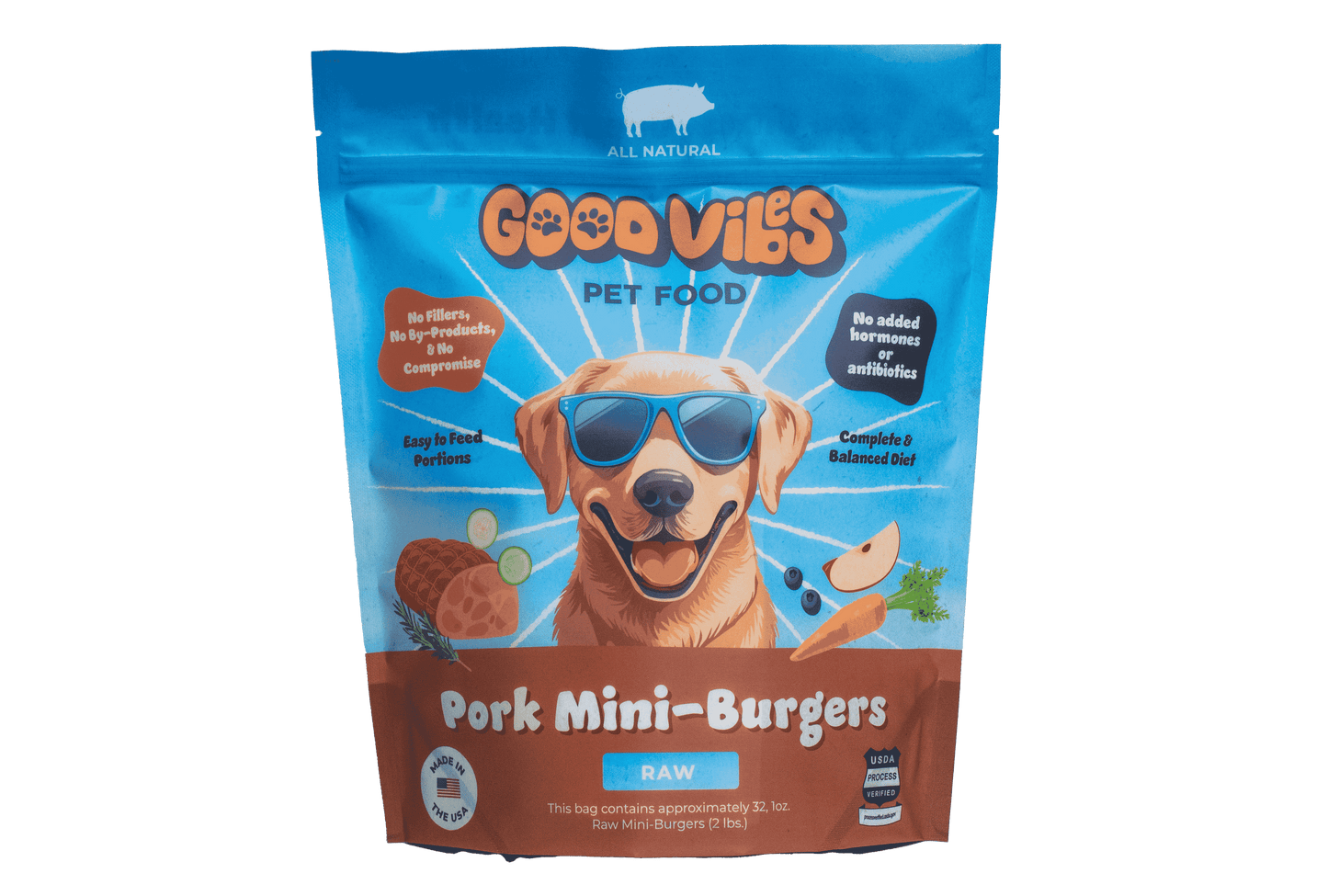 Good Vibes Frozen Raw Pork Mini-Burgers Dog Food